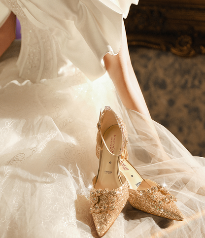 PJJUU beautiful champagne buckle rhinestone stiletto shoes - GREEN.