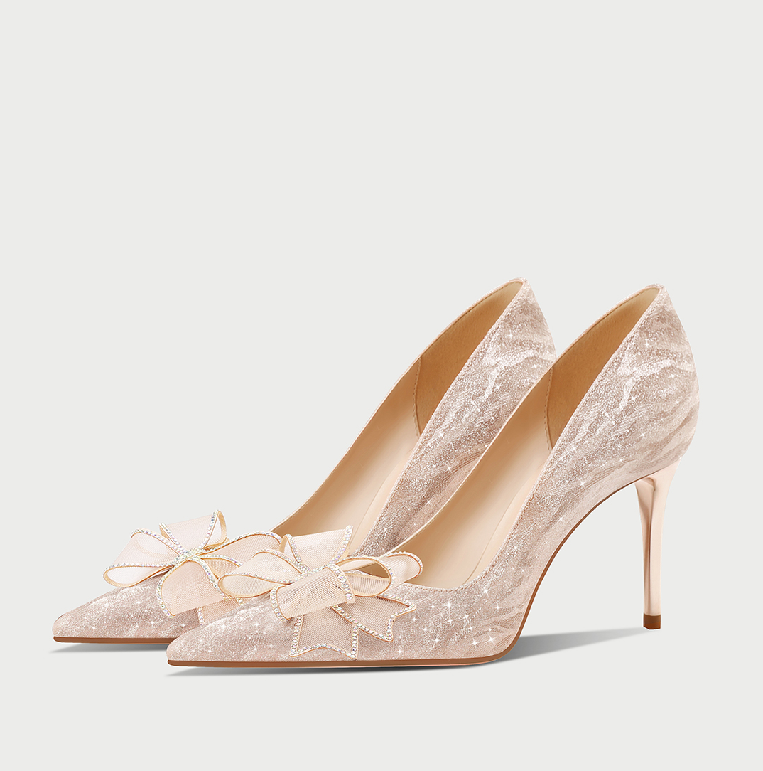 PJJUU French champagne color bow high heels  - GRACE.