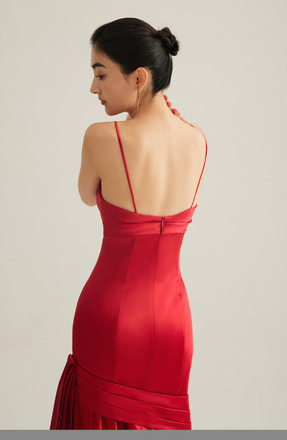 GOUDIN bright red wedding satin light luxury banquet evening dress-Liam.