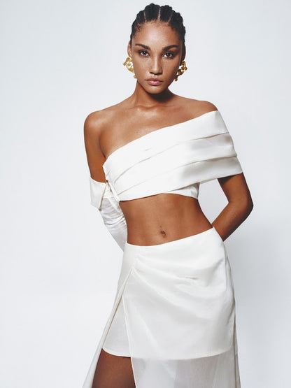 Tonyy one shoulder goddess front slit white gown - Translucent