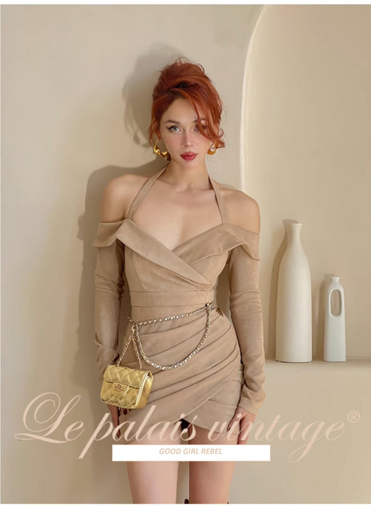 Le Palais Vintage Elegant Beige Suede Thick Off-the-Shoulder Slim Fit Dinner Dress-Zoey