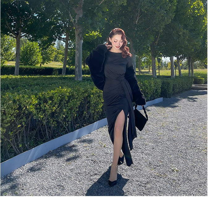 Le Palais Vintage Elegant Black Asymmetrical Pleated High Slim fit Long Slit Skirt-Prisca