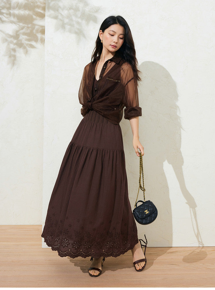 Sushe soft-dyed cut-out cotton embroidery knitted slightly fluffy A-line vest dress-FAYE.