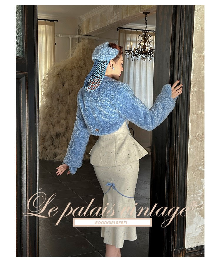 Le Palais Vintage 1940 Elegant tweed waist jacket fishtail skirt - snow flake