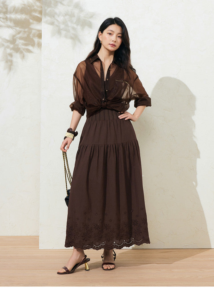 Sushe soft-dyed cut-out cotton embroidery knitted slightly fluffy A-line vest dress-FAYE.