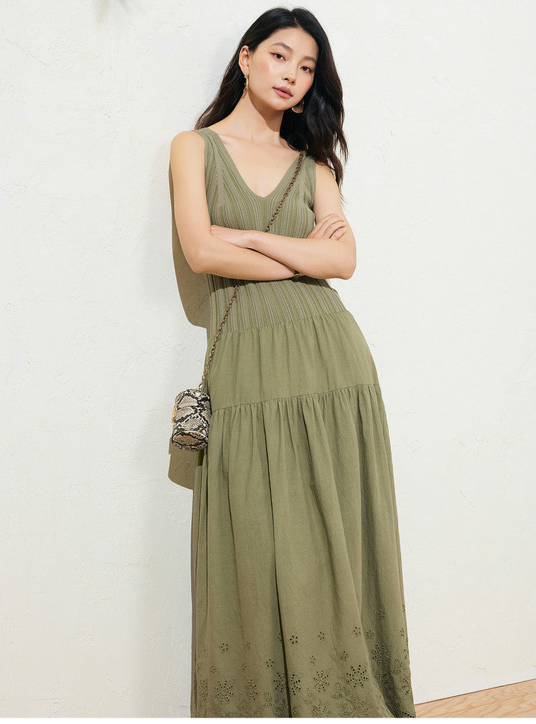 Sushe soft-dyed cut-out cotton embroidery knitted slightly fluffy A-line vest dress-FAYE.