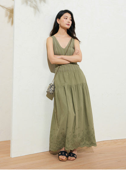 Sushe soft-dyed cut-out cotton embroidery knitted slightly fluffy A-line vest dress-FAYE.