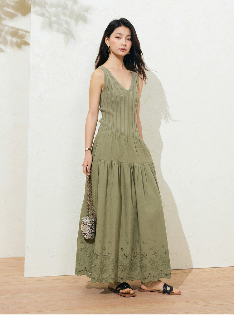 Sushe soft-dyed cut-out cotton embroidery knitted slightly fluffy A-line vest dress-FAYE.