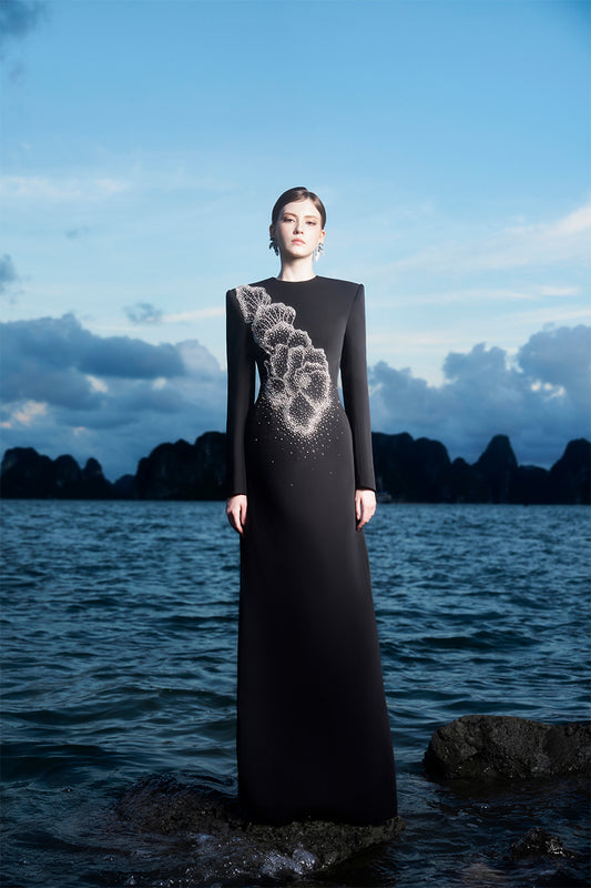 Tracy Studio luxury designer middle eastern luxury abaya Floral Crystal Pattern embellished Straight Dress Evening Dress -Tegwyn 