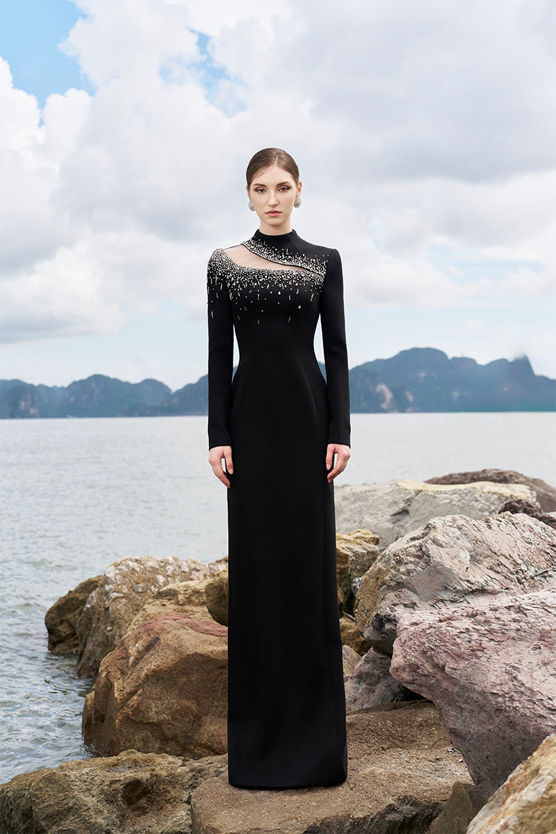 Tracy Studio luxury Crystal Embellished See-Through Cut-Out Straight Evening Dress