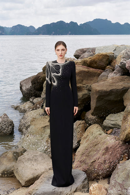 Tracy Studio luxury One Side Floral Crystal Embellished Long Sleeve Evening Dress - Tabina