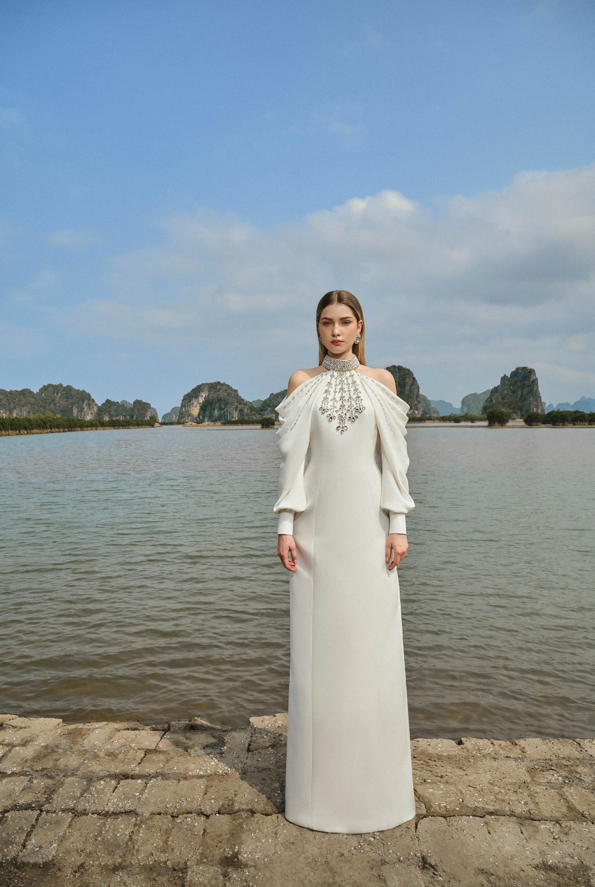 turtleneck off shoulder dress Cold-Shoulder Turtleneck Full Dress With Stone Embellishment S