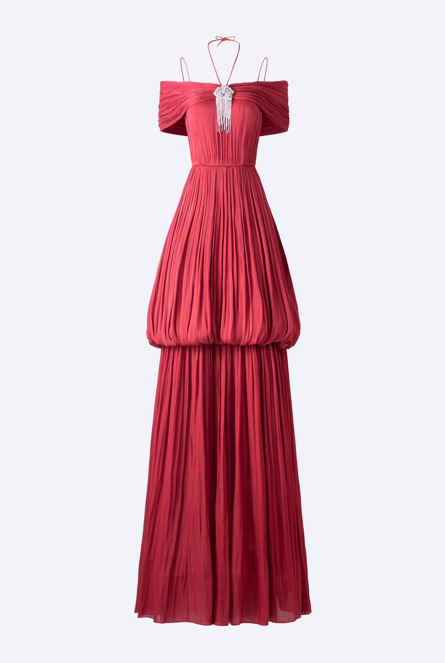 Off-Shoulder Bubble Flare Pleated Full Dress