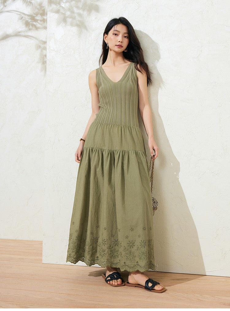 Sushe soft-dyed cut-out cotton embroidery knitted slightly fluffy A-line vest dress-FAYE.