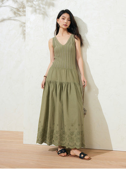 Sushe soft-dyed cut-out cotton embroidery knitted slightly fluffy A-line vest dress-FAYE.