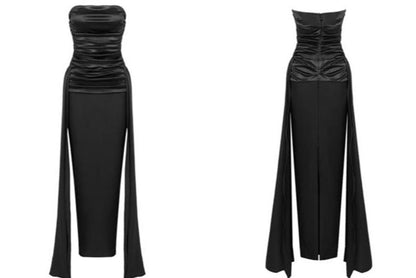DOLLY Luxury Black Pleated Chest Wrap Off Shoulder High Waist Long Evening Dress-ZOE