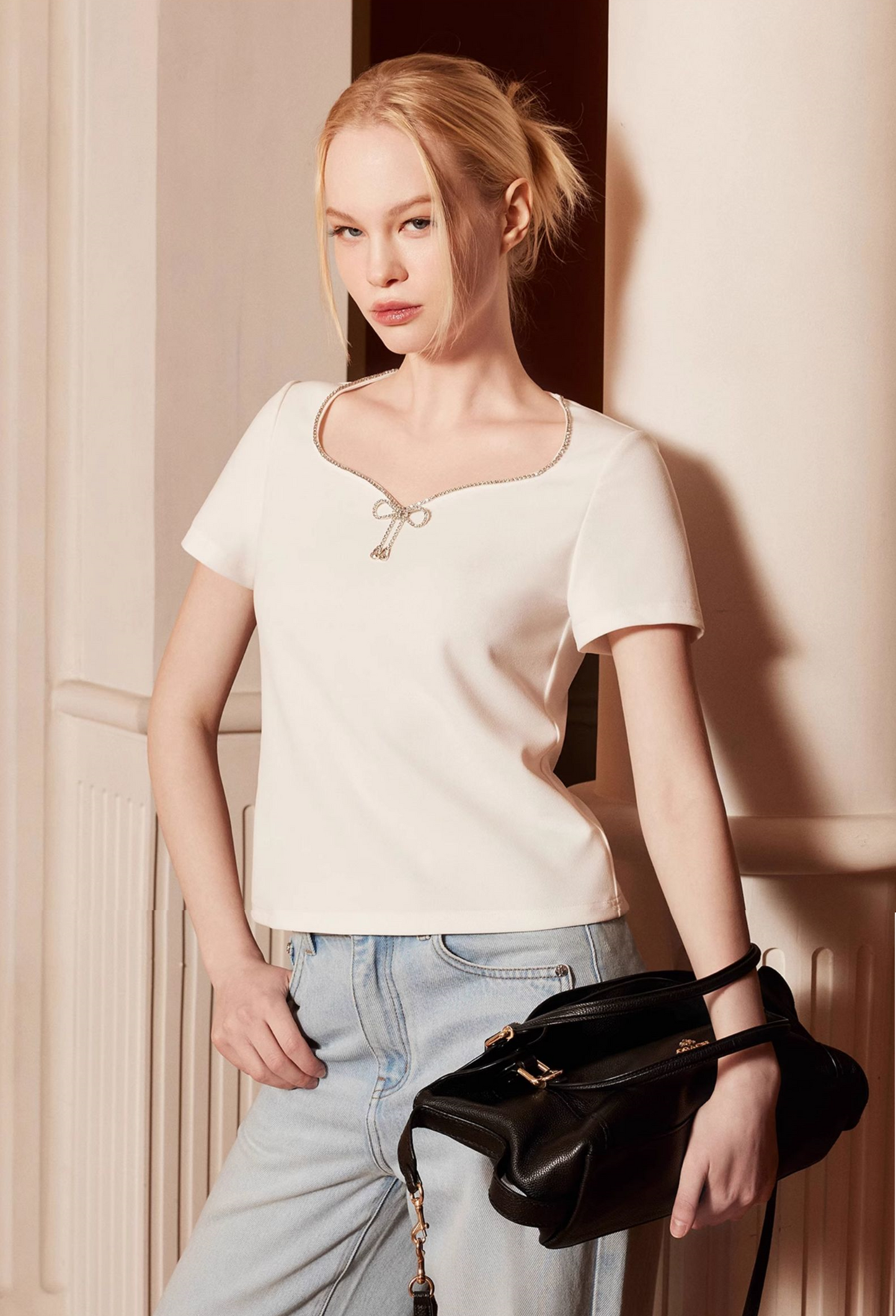 YES BY YESIR |  Diamond Bow Short Sleeve Casual Top-LYANNE.
