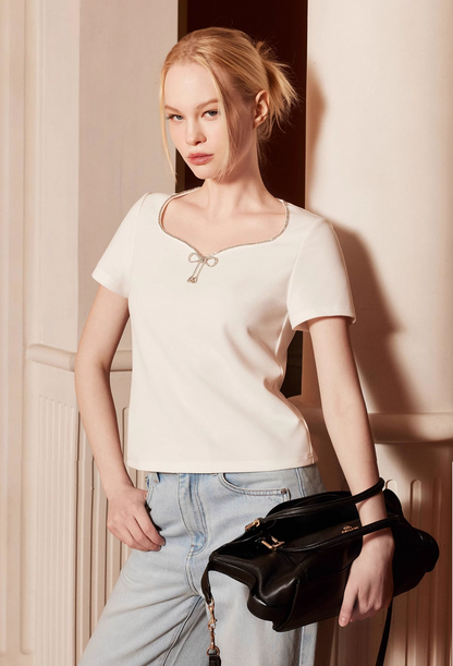 YES BY YESIR |  Diamond Bow Short Sleeve Casual Top-LYANNE.