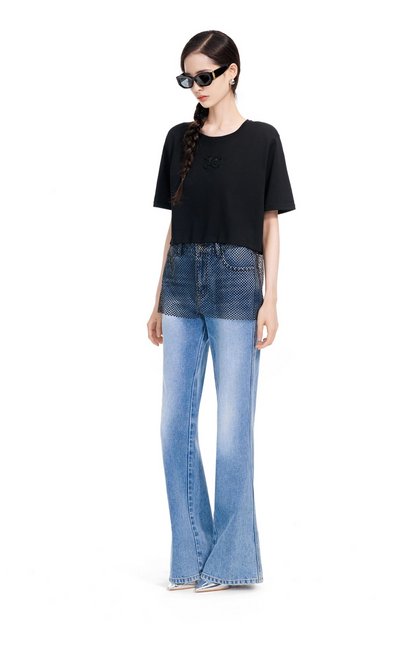 YES BY YESIR | Black Mesh Diamond-Stitched Embroidered Top-EVARIEL.