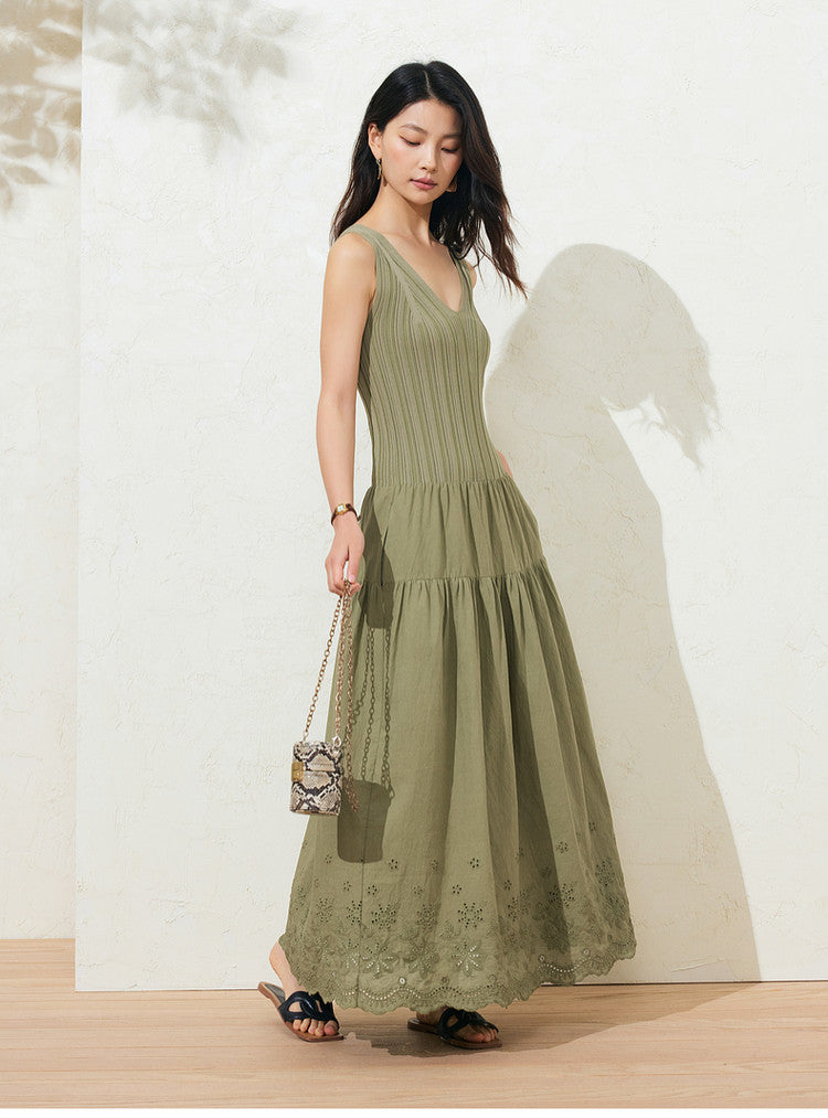Sushe soft-dyed cut-out cotton embroidery knitted slightly fluffy A-line vest dress-FAYE.