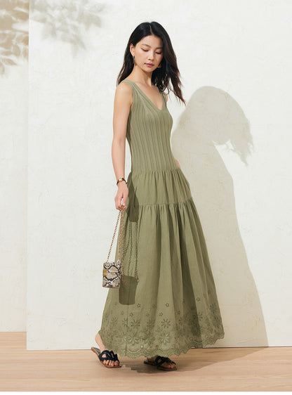 Sushe soft-dyed cut-out cotton embroidery knitted slightly fluffy A-line vest dress-FAYE.