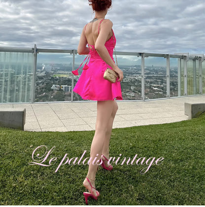 Le Palais Vintage Elegant Barbie Pink Silk Backless Drape Cocktail Dress-Irina