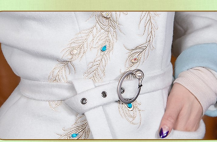 Magic Qlight green phoenix embroidery cinched waist cross-neck wool coat