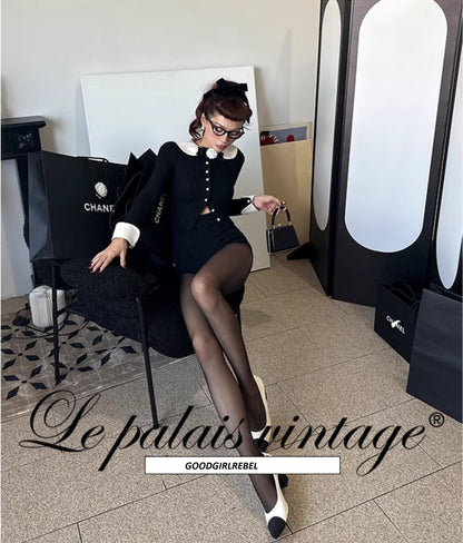 Le Palais Vintage Elegant Black and White Cardigan High Waist Pencil Office Skirt-Ivy