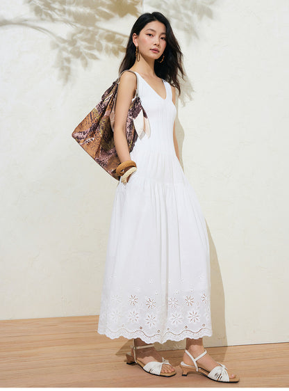Sushe soft-dyed cut-out cotton embroidery knitted slightly fluffy A-line vest dress-FAYE.