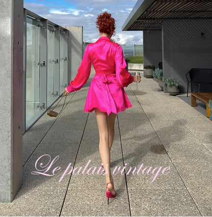 Le Palais Vintage Elegant Barbie Pink Silk Backless Drape Cocktail Dress-Irina