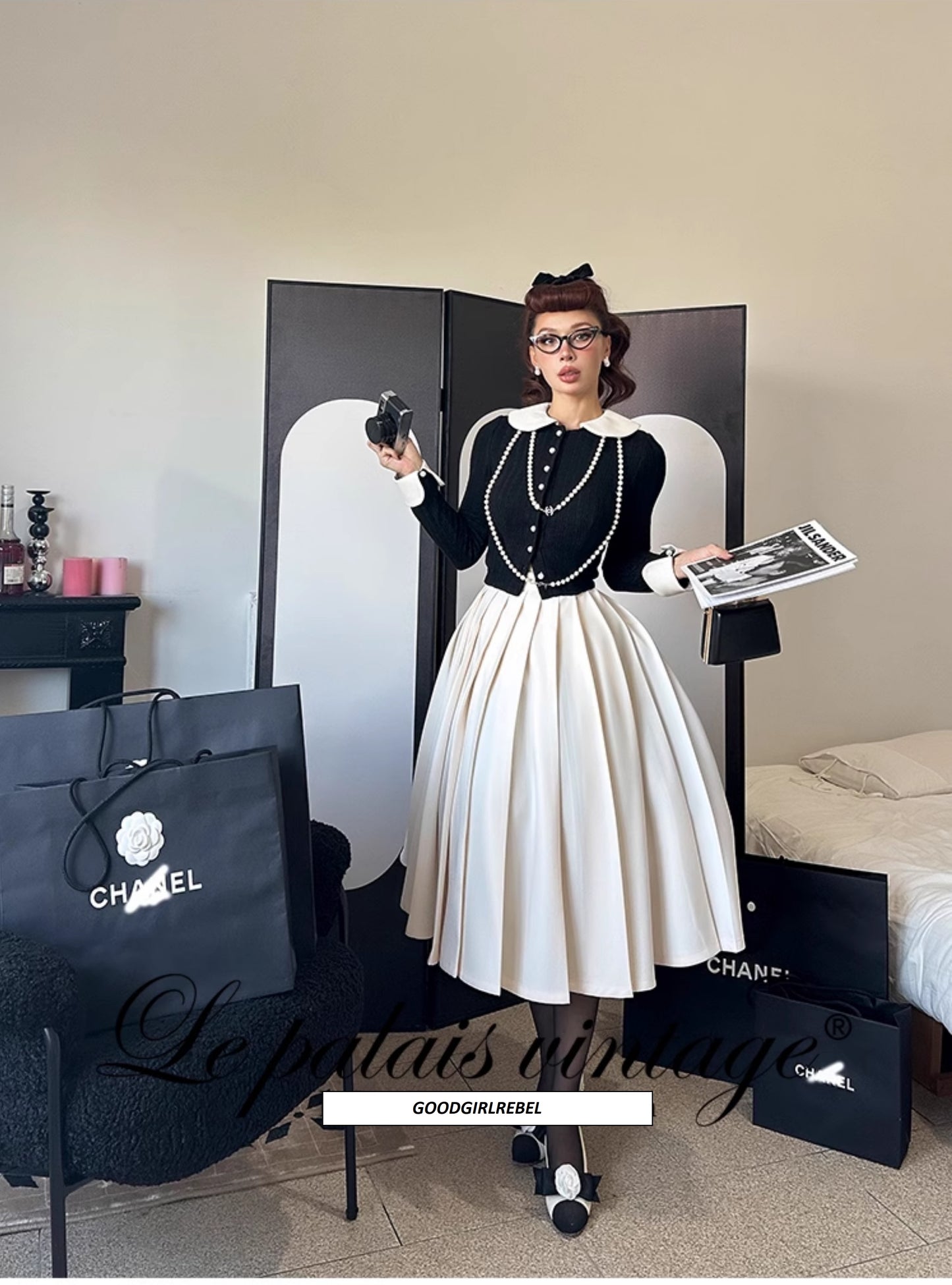 Le Palais Vintage Elegant Black and White Cardigan High Waist Pencil Office Skirt-Ivy