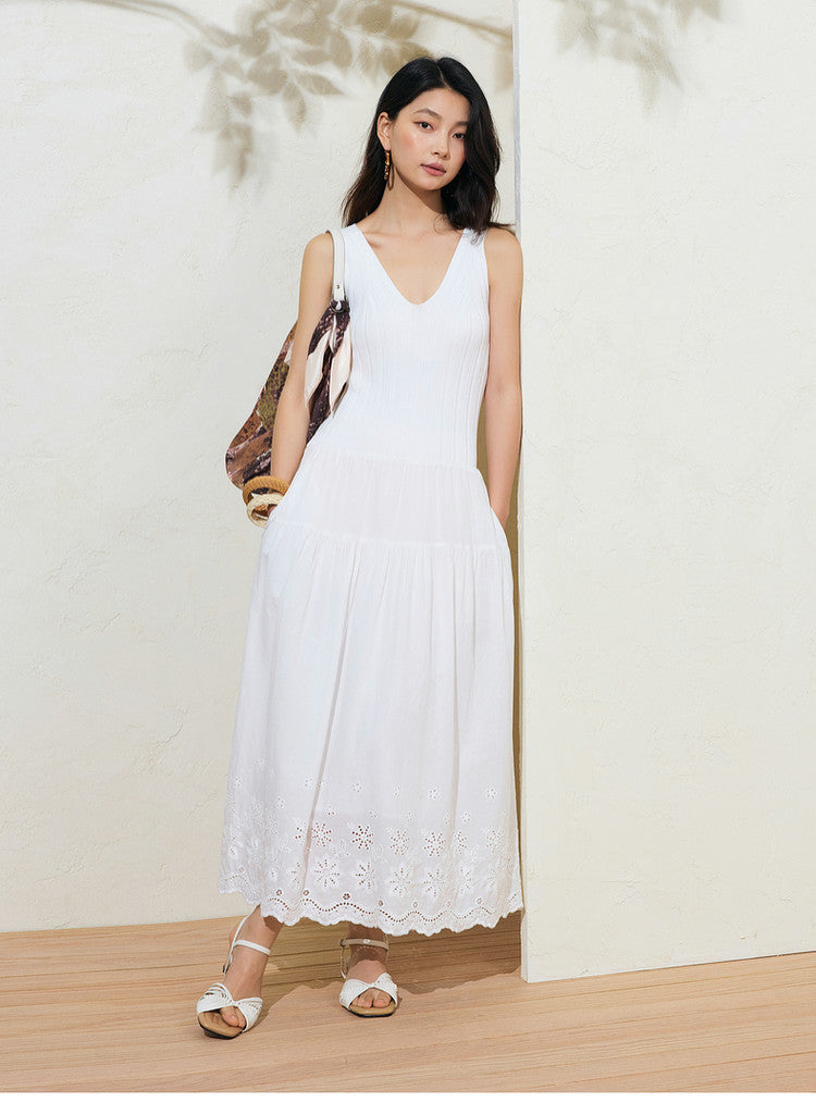 Sushe soft-dyed cut-out cotton embroidery knitted slightly fluffy A-line vest dress-FAYE.