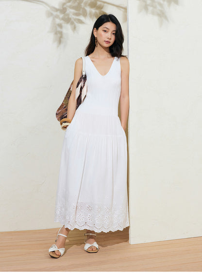 Sushe soft-dyed cut-out cotton embroidery knitted slightly fluffy A-line vest dress-FAYE.