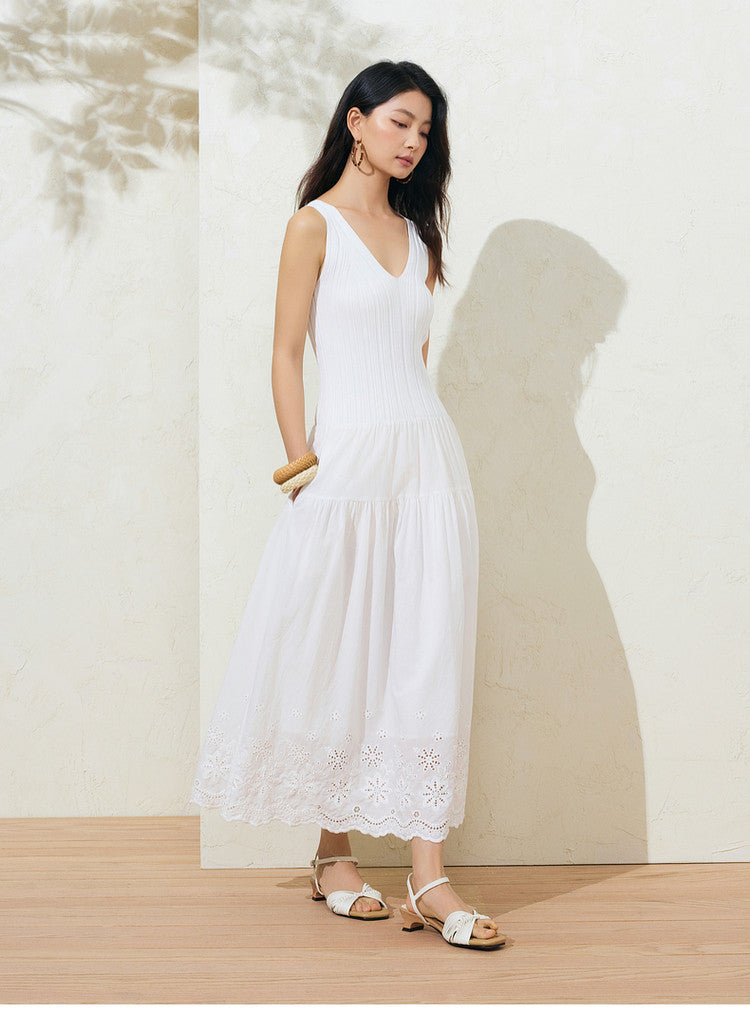 Sushe soft-dyed cut-out cotton embroidery knitted slightly fluffy A-line vest dress-FAYE.