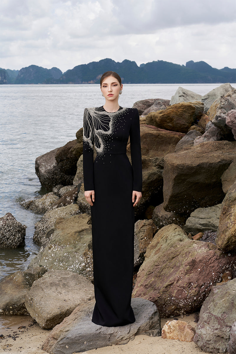 Tracy Studio luxury One Side Floral Crystal Embellished Long Sleeve Evening Dress - Tabina