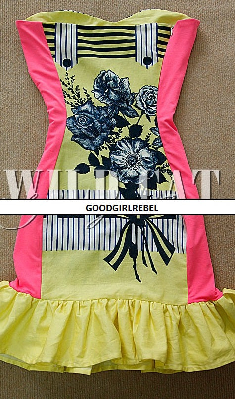 Le palais Vintage WILD CAT COLLECTION : Fluorescent contrast floral pattern sexy vintage ruffled strapless dress - Sekele