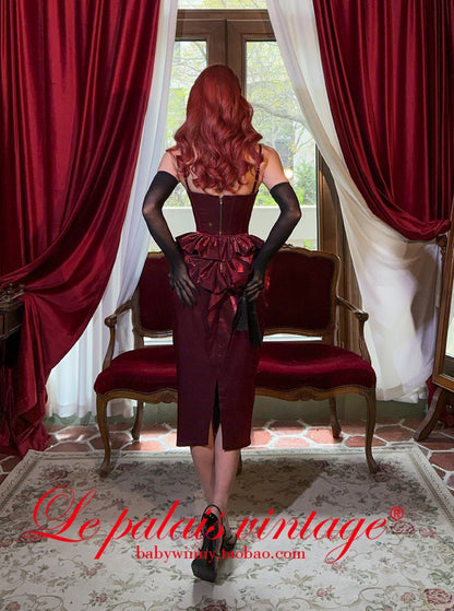 Le Palais Vintage  Red Fishbone Corset High Waisted Flower Bud Pencil Skirt-ALEC