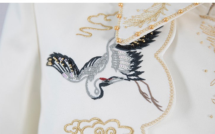 Magic Q exclusive beige gold silk embroidery crane wavy feather windbreaker coat - taik