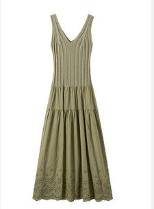 Sushe soft-dyed cut-out cotton embroidery knitted slightly fluffy A-line vest dress-FAYE.