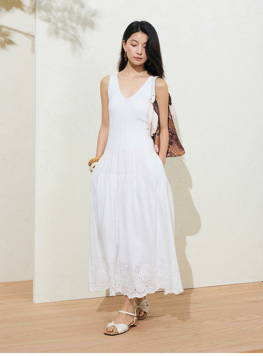 Sushe soft-dyed cut-out cotton embroidery knitted slightly fluffy A-line vest dress-FAYE.
