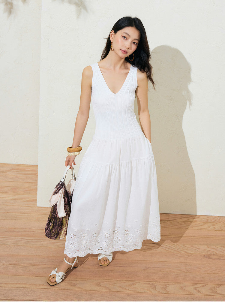 Sushe soft-dyed cut-out cotton embroidery knitted slightly fluffy A-line vest dress-FAYE.