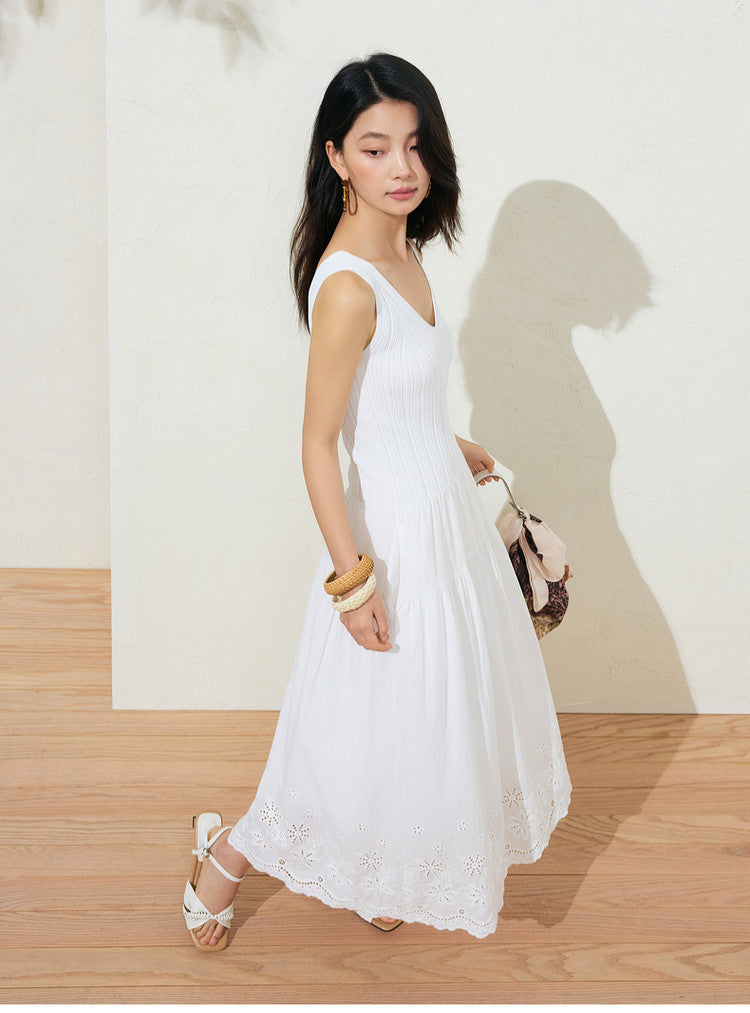Sushe soft-dyed cut-out cotton embroidery knitted slightly fluffy A-line vest dress-FAYE.