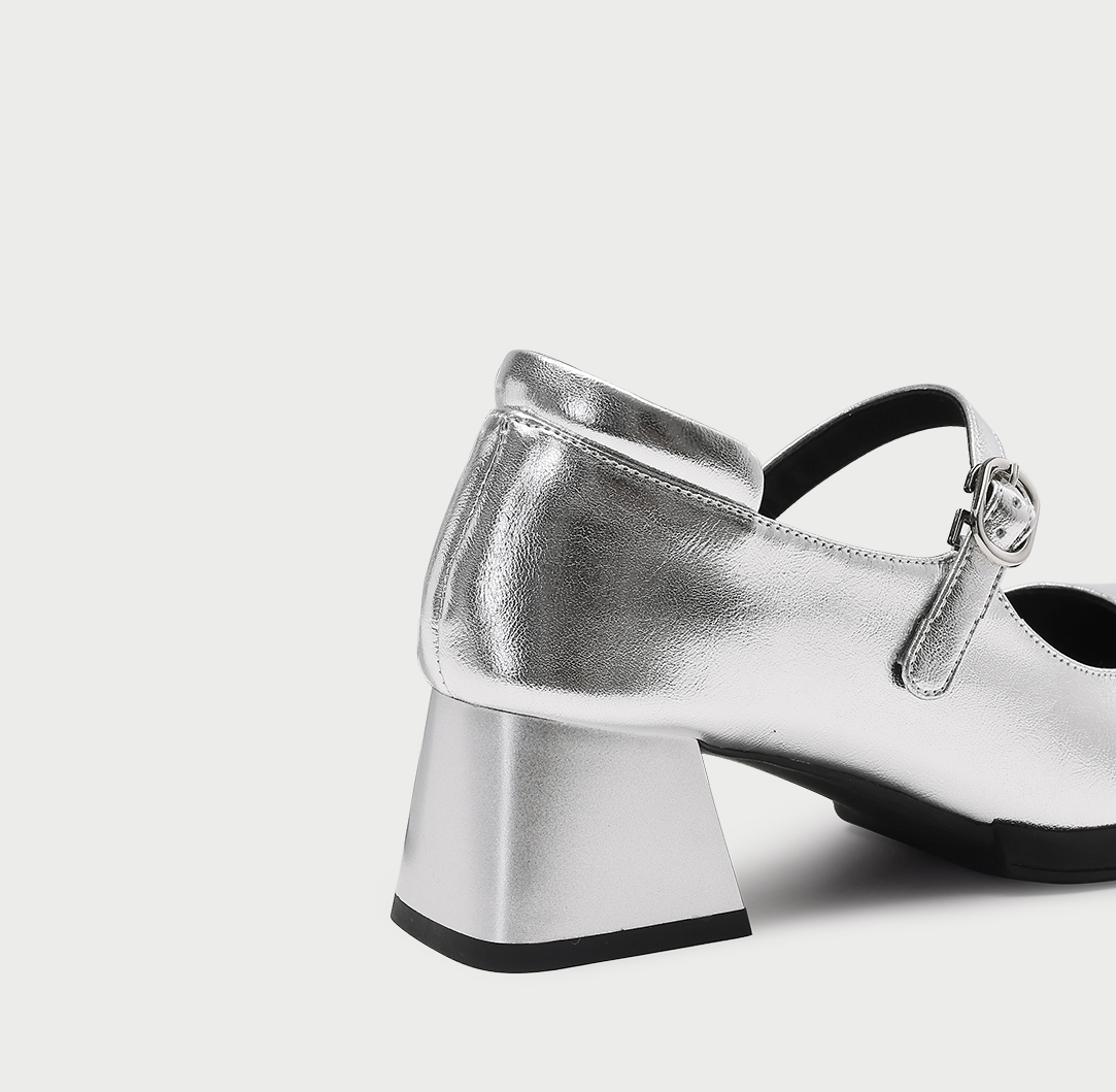 PJJUU square toe mary jane silver shallow mouth thick heel shoes- ANTONIO.