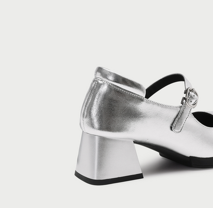 PJJUU square toe mary jane silver shallow mouth thick heel shoes- ANTONIO.