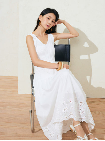 Sushe soft-dyed cut-out cotton embroidery knitted slightly fluffy A-line vest dress-FAYE.