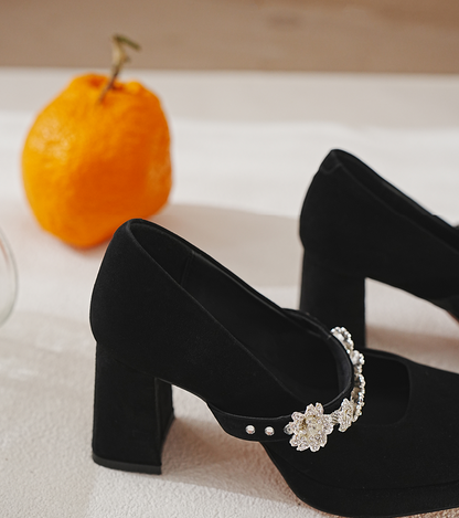 PJJUU Mary Jane black thick shoes with rhinestones - SWADE.