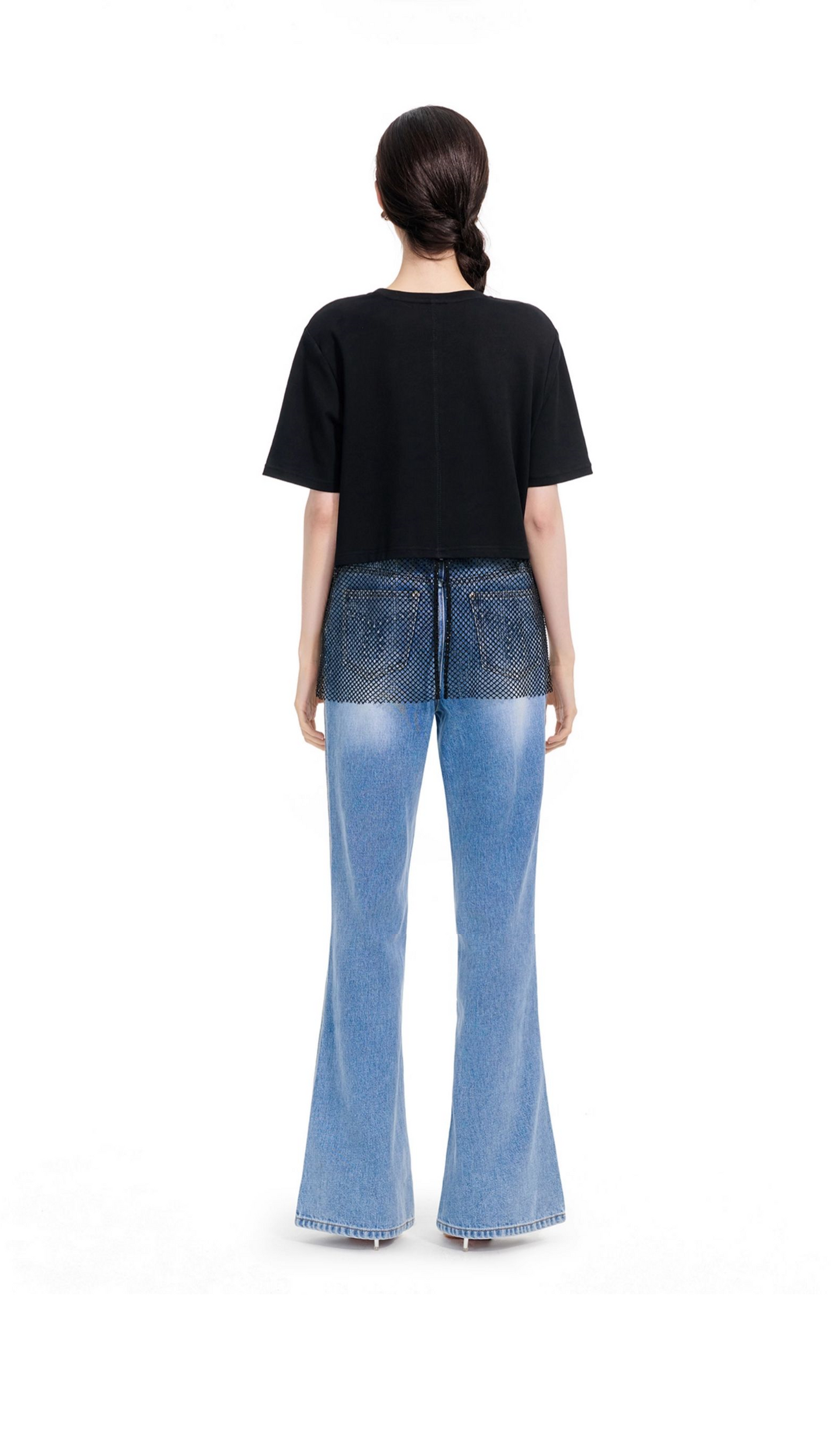 YES BY YESIR | Black Mesh Diamond-Stitched Embroidered Top-EVARIEL.