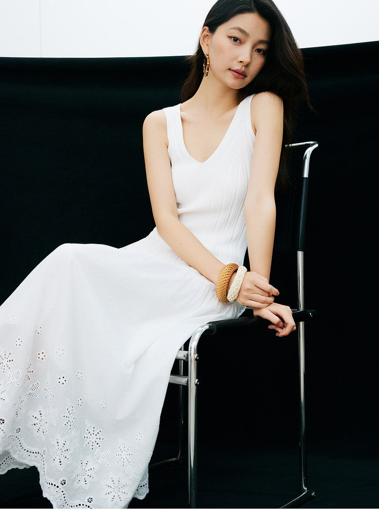 Sushe soft-dyed cut-out cotton embroidery knitted slightly fluffy A-line vest dress-FAYE.