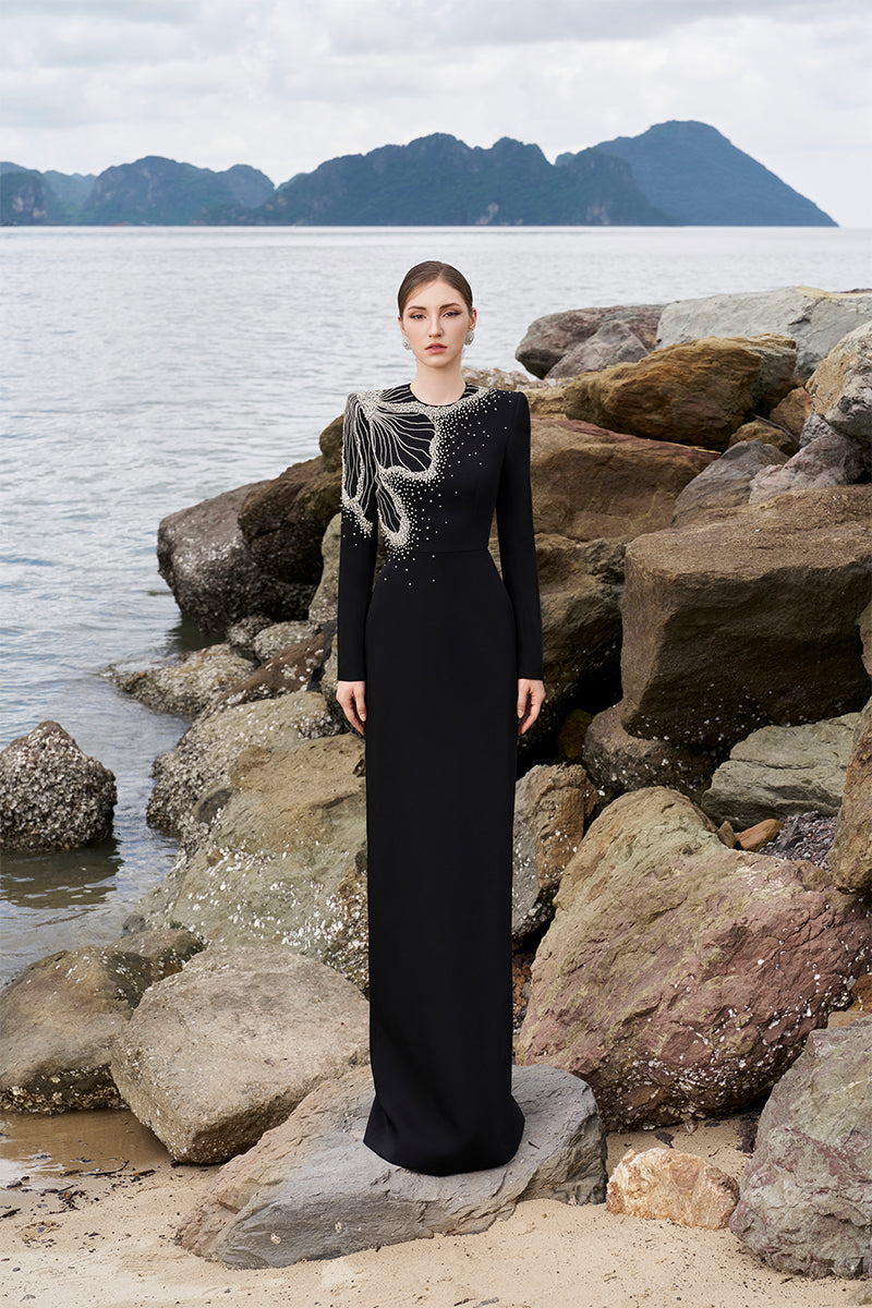 Tracy Studio luxury One Side Floral Crystal Embellished Long Sleeve Evening Dress - Tabina