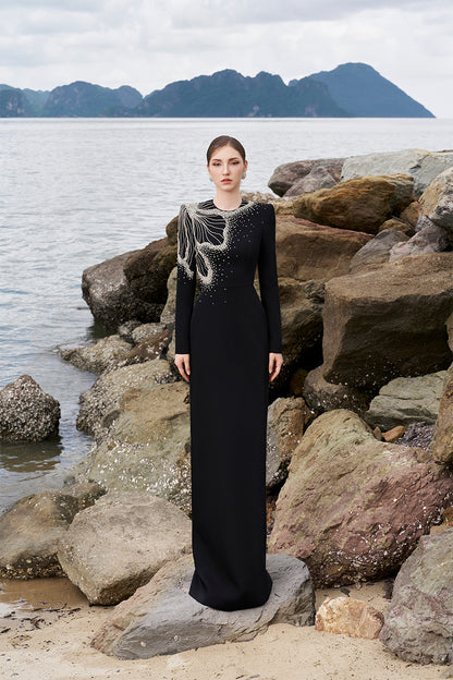 Tracy Studio luxury One Side Floral Crystal Embellished Long Sleeve Evening Dress - Tabina